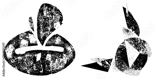 Stylized abstract forms featuring halftone dots, fragmented shapes, graphic design elements, vector art, composition, isolated.