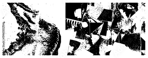 Fragmented abstract composition with sharp angles and textured halftone, graphic design element, modern art motif, vector art, digital illustration.