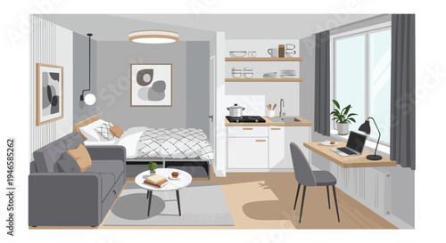 Urban studio apartment design efficient open-plan layout cozy sleeping space compact kitchen bright workstation by window for modern living style