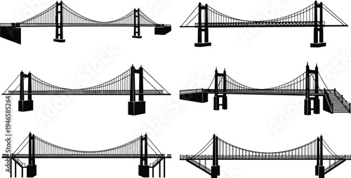 Suspension bridge silhouettes set including urban river bridges architecture infrastructure landmark crossings vector illustration for transportation engineering city skyline design