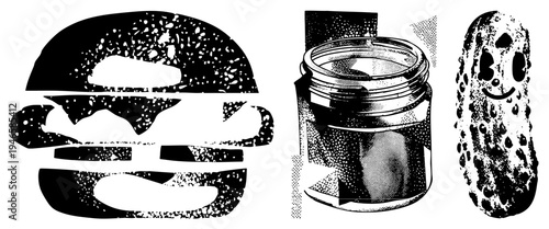 Retro styled food items rendered in halftone dot burger with sesame bun, glass jar of pickles, and anthropomorphic pickle with face. Black and white vector art with textured shading.