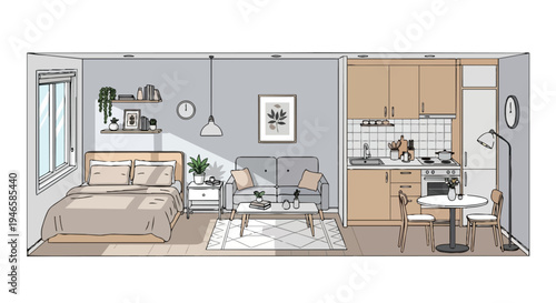 Contemporary studio apartment interior design illustration showcasing efficient compact living space with combined bedroom, living area, and kitchen.