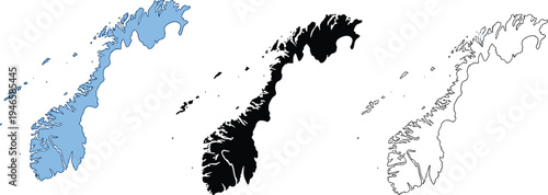 Three stylized maps of Norway in silhouette, solid fill, and outline variations, useful for geography, education, cartography, and design projects
