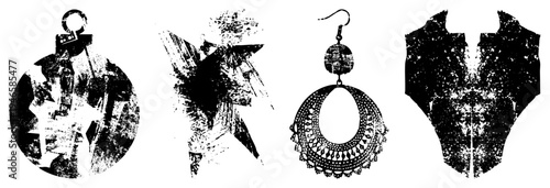 Grungy black and white vector designs of earrings, pendant, and blouse silhouette, featuring distressed textures and intricate, ideal for fashion or graphic use.