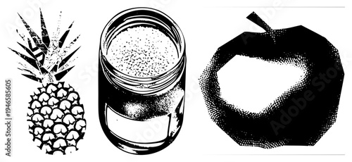 Stylized halftone, grain filled mason jar, and with stippled texture, classic print graphic, food, retro vector art.