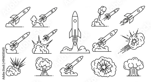 Collection of rocket launch and explosion line art illustrations.