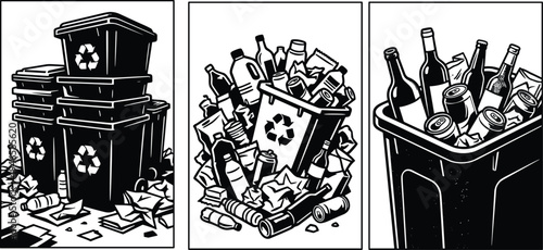 Recycling bins filled with plastic bottles, cans and waste, environmental recycling concept illustration, waste management and sustainability theme