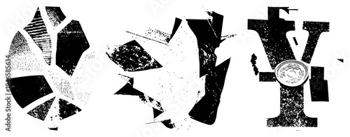 Black and white broken glyph shapes with halftone grain, distressed vector fragments, isolated graphic elements, stylized typographic ruins.