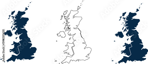 United Kingdom Map Set with Solid and Outline Silhouettes, Great Britain Geographic Illustration Showing England, Scotland, Wales, and Northern Ireland for Atlas and Education