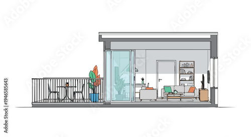 Modern apartment conceptual design showcasing a serene balcony and a well-furnished living space sketch