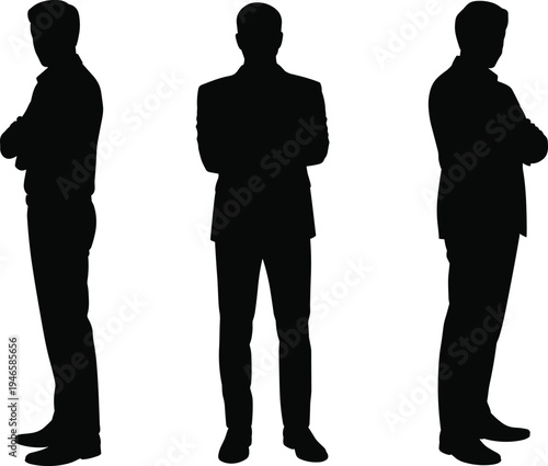 Professional business silhouettes, corporate teamwork concept, leadership unity, diverse perspectives, formal suits, business group, collaboration, anonymity, office culture, success