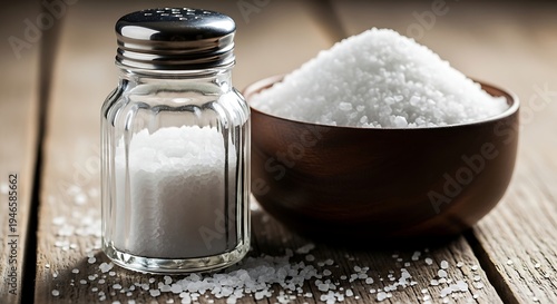 Rustic still life featuring a classic glass salt shaker and a wooden bowl filled with natural coarse sea salt crystals, scattered on a textured wooden table.