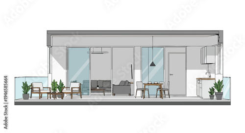 Architectural vision of a modern integrated urban apartment interior. This sketch highlights a spacious balcony, cozy living room, dining area, and