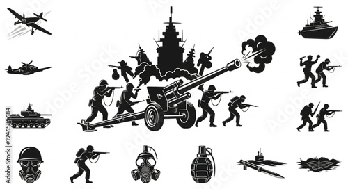 Military conflict and war elements collection silhouette.