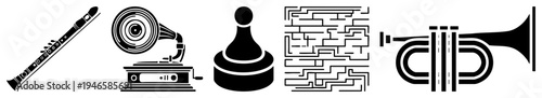 Clarinet, gramophone, chess piece, maze, trumpet classic symbols in clean black and white vector art, ideal for retro design or game UI.