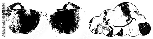 Abstract cloud shape with globe like continents, distressed pot silhouette, vector art, grunge texture, graphic design element.