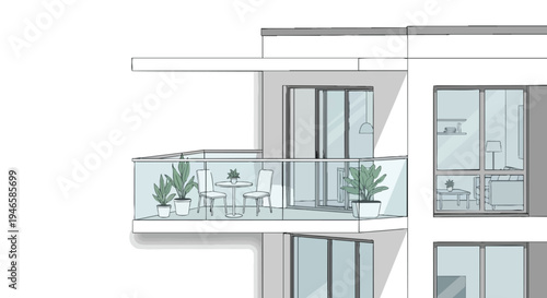 Modern minimalist architectural illustration of a city apartment balcony with glass railing, outdoor furniture, and lush plants creating a serene