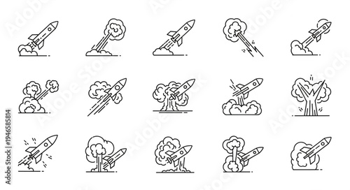 Collection of rocket launch illustrations with smoke trails.