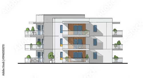 Modern minimalist apartment building elevation with stylish balconies and green accents.