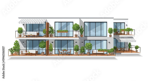 A contemporary multistory residential building facade showcasing elegant balconies adorned with lush potted plants and stylish outdoor furnishings