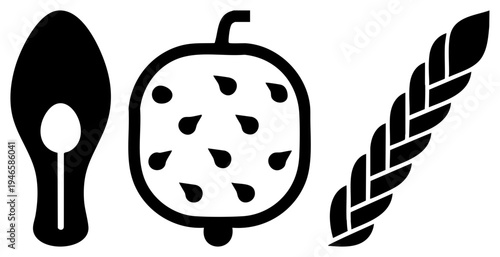 Flat vector of spoon, chocolate chip cookie, and wheat braid, design, kitchen and baking symbols, food and nutrition graphics.