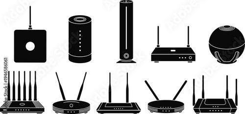 Wireless router and smart home network devices icon set including wifi routers modem antenna signal hub technology equipment vector illustration