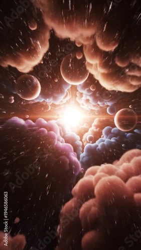 Abstract cosmic clouds and celestial bodies in a vibrant nebula