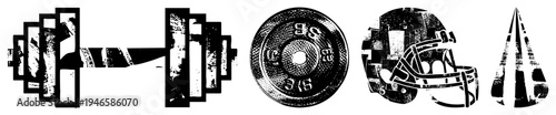 Fitness gear including barbell with weights, weight plate, football helmet, and spear, all in high contrast vector style, ideal for sports or gym themes.