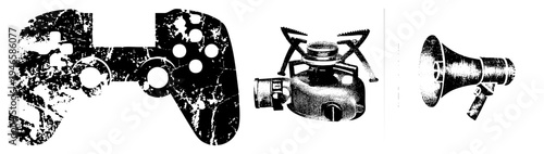 Retro gamepad with worn texture, portable camping stove with fuel canister, handheld megaphone for announcements, all rendered in halftone vector style with distressed effects.
