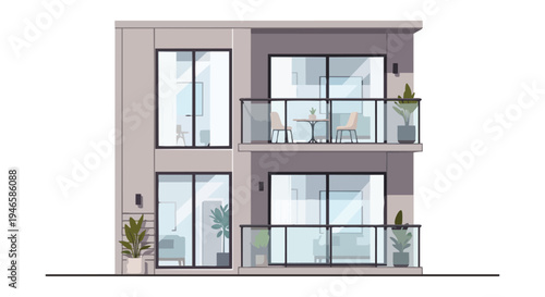 Contemporary two-story building design featuring elegant balconies, expansive glass windows, and stylish potted greenery for a sophisticated urban