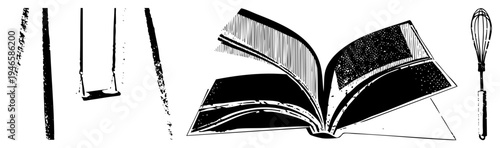 Illustrated recipe book open to recipe page, whisk tool, spatula, baking tools, culinary guide, cooking manual, kitchen essentials.