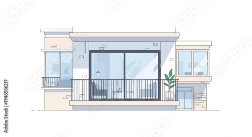 Modern minimalist residential building facade with balcony and large windows