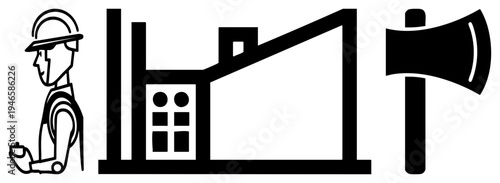 Silhouette of construction worker in hard hat, modern building, megaphone symbol, vector for labor, architecture, and communication.