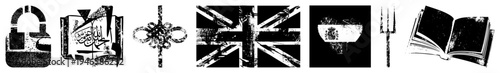 International emblems rendered in high contrast black and white padlock, Quran, knot, Union Jack, Spanish flag, fork, open book. Minimalist glyph style with textured halftone effect.