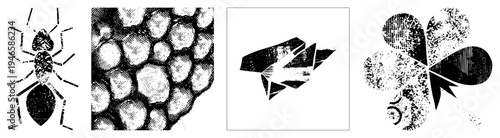 Black and white vector ant with segmented body, halftone shading, geometric, isolated insect graphic, glyph style, technical illustration.