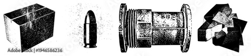 Box, bullet, pipe fitting, and geometric blocks presented as vector illustrations with halftone texture, technical drawings, engineering components, mechanical.