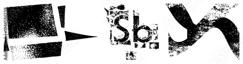 Distressed typographic symbols with halftone grain, abstract lettering, graphic design elements, vintage print aesthetic, ink splatter texture, bold glyphs, vector art.