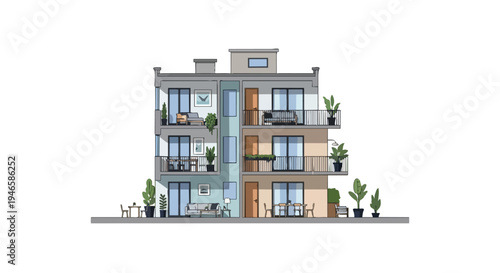 Contemporary apartment building illustration showcasing tiered units with stylish private balconies and lush greenery modern residential