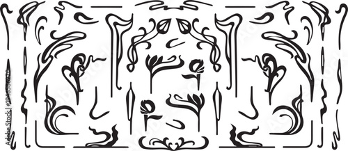  Art nouveau flourish frames. Filigree scrolls and botanical vines for vintage frame borders, elegant art deco floral dividers, baroque corner embellishment jugendstil design. Isolated vector ... 