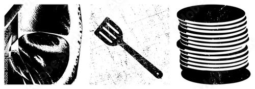 Vector spatula, stacked plates, and textured food close up, kitchen tools, halftone graphic design, isolated cutout elements.