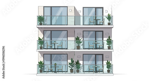 Contemporary three-story apartment complex exterior with glass-railed balconies and potted plants