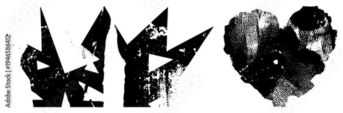 Bold black shapes with grunge texture, angular forms, halftone shading, vector cutout art, isolated graphic elements, stylized abstract design.