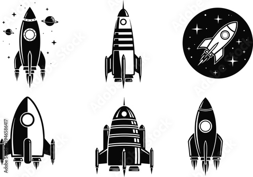 Retro rocket spaceship set illustration, vintage space rocket collection, science fiction spacecraft vector icons isolated on white background