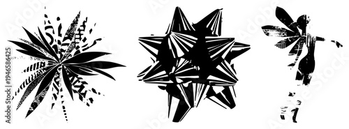 Stylized vector featuring geometric and organic shapes with halftone textures, isolated designs, artistic silhouettes, graphic art elements.