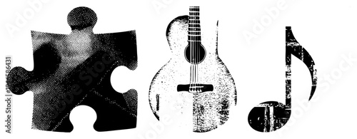 Black and white halftone illustration of puzzle, guitar, and music note, stylized graphic, isolated elements, artistic composition, vector art, music theme.