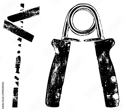 Hand grip tool for strength training, resistance exerciser, forearm muscle builder, fitness equipment, black and white vector graphic with distressed texture.