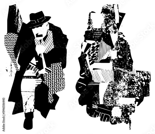 Two stylized male figures in trench coats and fedoras, rendered in high contrast black and white with halftone textures and geometric, evoking classic detective or gangster themes.