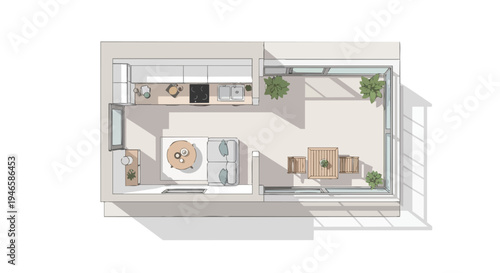 Modern apartment floor plan illustrating an integrated kitchen, inviting living area, and a sunlit outdoor patio, emphasizing efficient space for