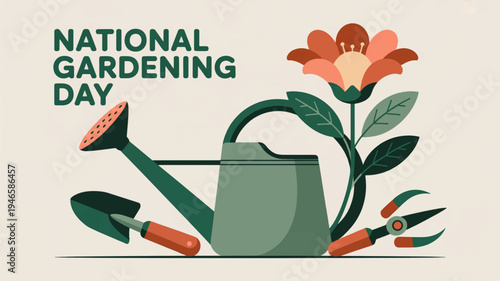 National gardening day flat illustration with gardening tools and flower
