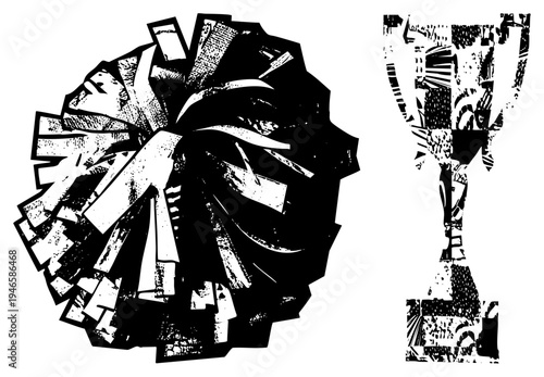Cheerleading pom pom and victory trophy rendered in high contrast halftone, stylized graphic, athletic achievement, performance award, sports recognition symbol.